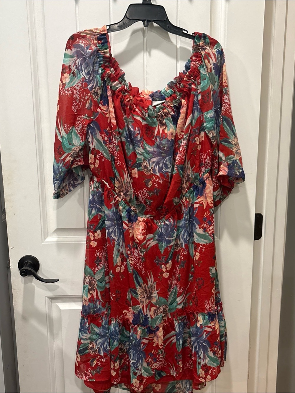 Ava & Viv Red Floral Midi Dress with Blue-Green Accents